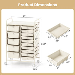 15-Drawer Rolling Storage Cart with Metal Tabletop and Pegboard-White