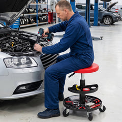 16.5 inches-22 inches Adjustable Height Seat Rolling Mechanic Stool with Wheels-Red