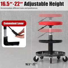 16.5 inches-22 inches Adjustable Height Seat Rolling Mechanic Stool with Wheels-Red