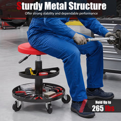 16.5 inches-22 inches Adjustable Height Seat Rolling Mechanic Stool with Wheels-Red