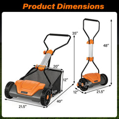 16 Inch Adjustable Cutting Heights 5-Blade Push Reel Lawn Mower with 8 Gal Removable Grass Catcher Bag-Orange