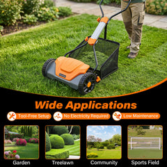 16 Inch Adjustable Cutting Heights 5-Blade Push Reel Lawn Mower with 8 Gal Removable Grass Catcher Bag-Orange