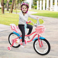16 Inch Girls Bike with Doll Seat, Basket and Training Wheels, Pink