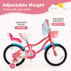 16 Inch Girls Bike with Doll Seat, Basket and Training Wheels, Pink