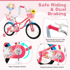 16 Inch Girls Bike with Doll Seat, Basket and Training Wheels, Pink