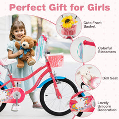 16 Inch Girls Bike with Doll Seat, Basket and Training Wheels, Pink