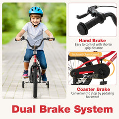 16 Inch Kids Bike with Reflectors, Bell and Detachable Training Wheels, Red
