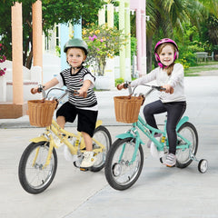16 Inch Retro Kids Bike with Wicker Basket and Training Wheels, Yellow