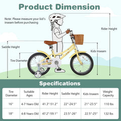 16 Inch Retro Kids Bike with Wicker Basket and Training Wheels, Yellow