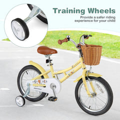16 Inch Retro Kids Bike with Wicker Basket and Training Wheels, Yellow