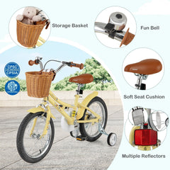 16 Inch Retro Kids Bike with Wicker Basket and Training Wheels, Yellow
