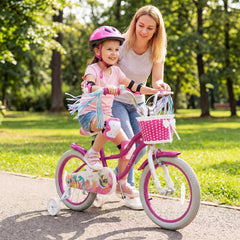 16 Inch Girls Bike with Basket, Ribbons and Mudguards, Mermaid Theme, Rose Red