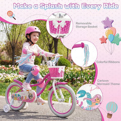 16 Inch Girls Bike with Basket, Ribbons and Mudguards, Mermaid Theme, Rose Red