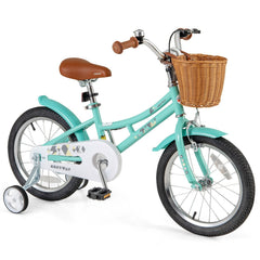 16 Inch Retro Kids Bike with Wicker Basket and Training Wheels, Green