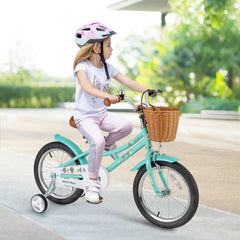 16 Inch Retro Kids Bike with Wicker Basket and Training Wheels, Green