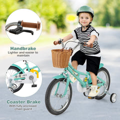 16 Inch Retro Kids Bike with Wicker Basket and Training Wheels, Green