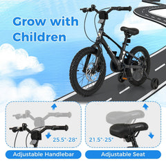 16 Inch Magnesium Alloy Kids Bike with Disc Brakes and Training Wheels, Black