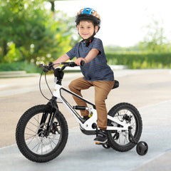 16 Inch Kids Bike with Disc Brakes, Suspension Fork and Training Wheels, White