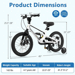 16 Inch Kids Bike with Disc Brakes, Suspension Fork and Training Wheels, White