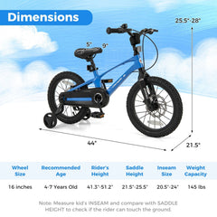 16 Inch Magnesium Alloy Kids Bike with Disc Brakes and Training Wheels, Blue