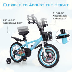 16 Inch Kids Bike with Adjustable Handlebar and Saddle, Aqua Blue