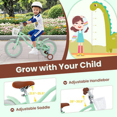 16 Inch Kids Bike with Removable Training Wheels, Basket and Bell for Ages 4 to 7, Mint Green