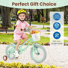16 Inch Kids Bike with Removable Training Wheels, Basket and Bell for Ages 4 to 7, Mint Green