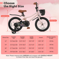 16 Inch Kids Bike with Basket, Bell and Detachable Training Wheels, Pink