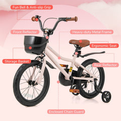 16 Inch Kids Bike with Basket, Bell and Detachable Training Wheels, Pink