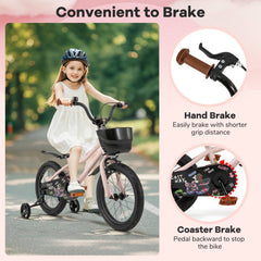 16 Inch Kids Bike with Basket, Bell and Detachable Training Wheels, Pink