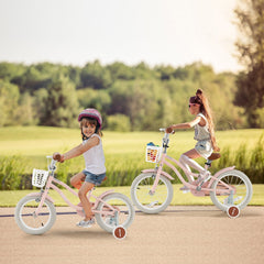 16 Inch Kids Bike with Front Handbrake, Training Wheels and Basket, Pink