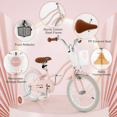 16 Inch Kids Bike with Front Handbrake, Training Wheels and Basket, Pink