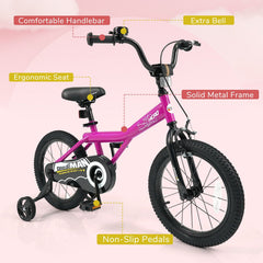 16 Inch Kids Bike with Bell and Removable Training Wheels, Pink