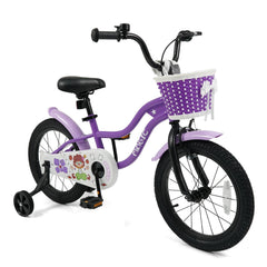 16 Inch Kids Bike with Training Wheels, Basket and Front V-Brake, Purple