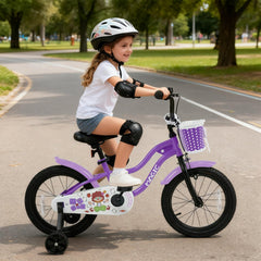 16 Inch Kids Bike with Training Wheels, Basket and Front V-Brake, Purple