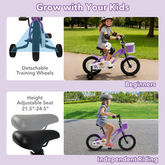 16 Inch Kids Bike with Training Wheels, Basket and Front V-Brake, Purple
