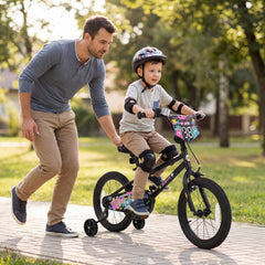 16 Inch Kids Bike with Training Wheels and Number Plate, Black