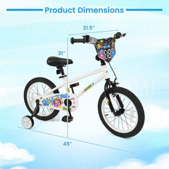 16 Inch Kids Bike with Training Wheels and Number Plate, White