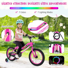 16 Inch LED Lighted Kids Bike with Headlight and Training Wheels, Pink