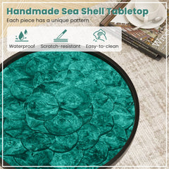 16 Inch Round Sea Shell End Table with Epoxy Resin Top, Green