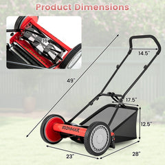 16 Inch Push Lawn Mower with 5 Steel Blades and Grass Catcher Bag-Red