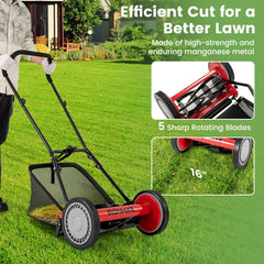 16 Inch Push Lawn Mower with 5 Steel Blades and Grass Catcher Bag-Red