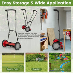 16 Inch Push Lawn Mower with 5 Steel Blades and Grass Catcher Bag-Red