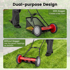 16 Inch Push Lawn Mower with 5 Steel Blades and Grass Catcher Bag-Red
