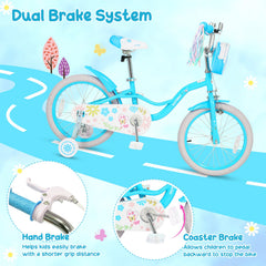 16 Inch Girls Bike with Front Bag, Streamers and Training Wheels, Blue