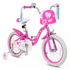 16 Inch Girls Bike with Front Bag, Streamers and Training Wheels, Pink