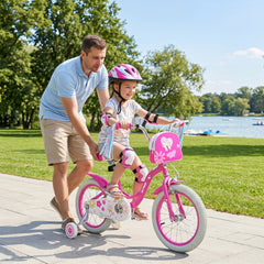 16 Inch Girls Bike with Front Bag, Streamers and Training Wheels, Pink