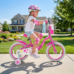 16 Inch Girls Bike with Front Bag, Streamers and Training Wheels, Pink