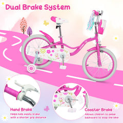 16 Inch Girls Bike with Front Bag, Streamers and Training Wheels, Pink
