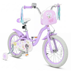 16 Inch Girls Bike with Front Bag, Streamers and Training Wheels, Purple